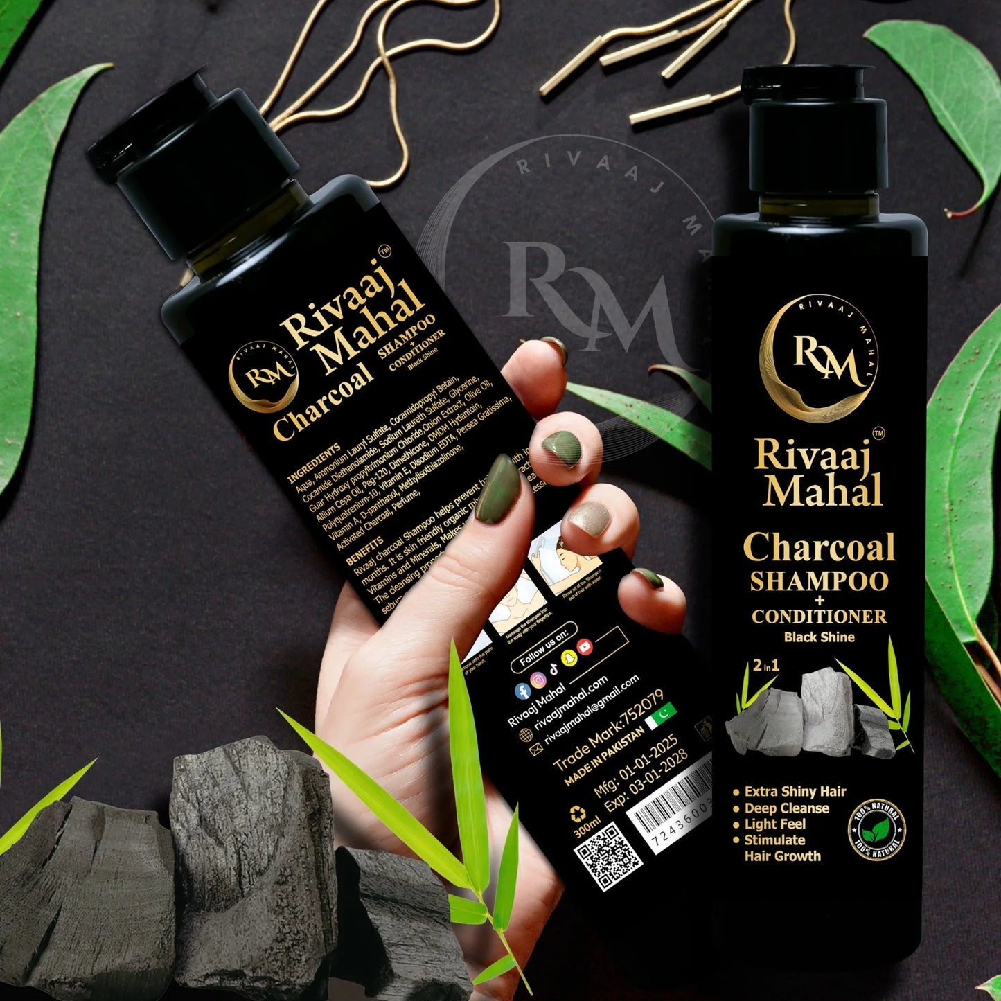 Rivaaj Mahal Charcoal Shampoo + Conditioner 2-in-1 | Black Shine Formula