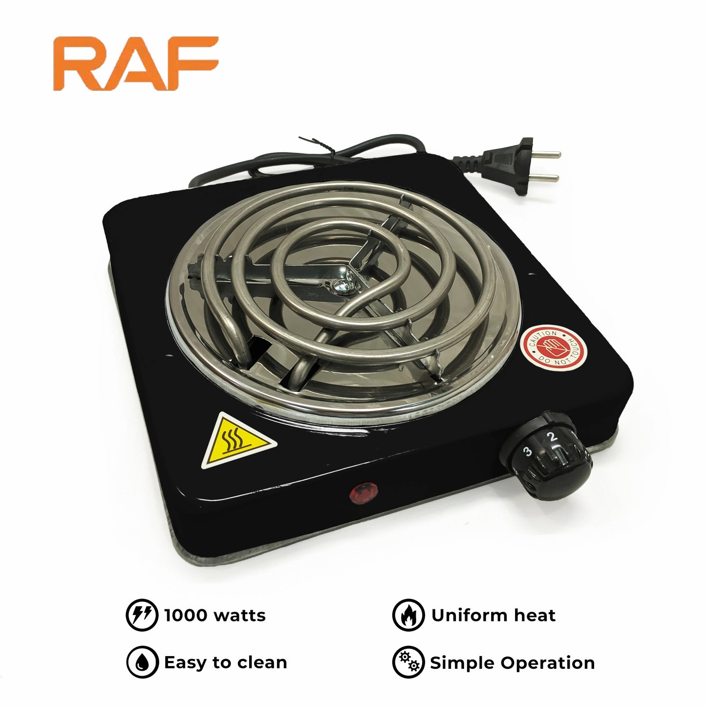 موقد كهربائي من بلاك RAF طراز R.8010B وشعلة بقدرة 1000 واط مع منظم حرارة وتدفئة موحدة