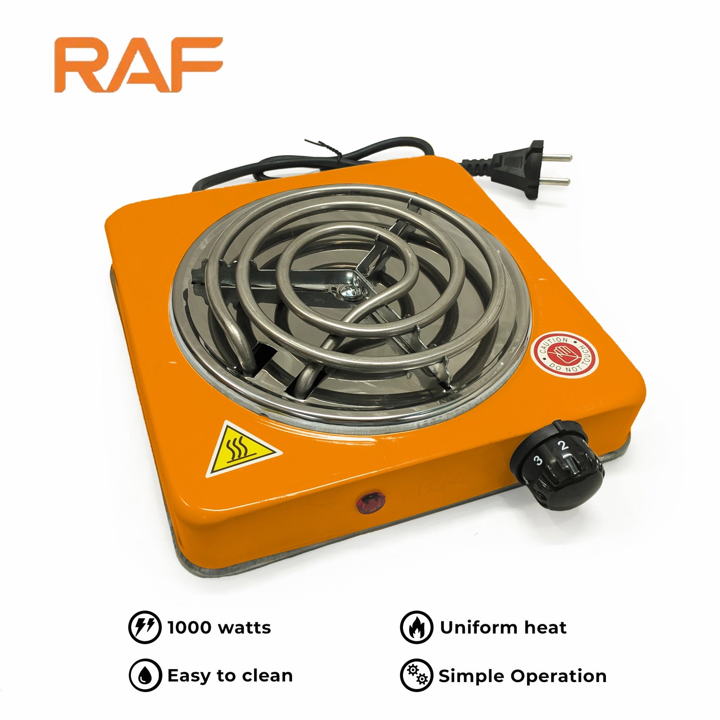 موقد كهربائي برتقالي RAF R.8010B ولوح تسخين بقدرة 1000 واط، مع منظم حرارة وتسخين موحد