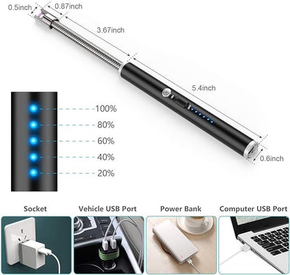 ولاعة قوسية عديمة اللهب قابلة لإعادة الشحن عبر USB، مرنة ومقاومة للرياح للشموع والتنزه والتخييم والمطبخ والمواقد
