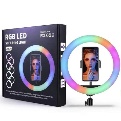 حلقة إضاءة LED MJ36 RGB مقاس 36 سم مع 16 لونًا، وتحكم في السطوع وحامل هاتف