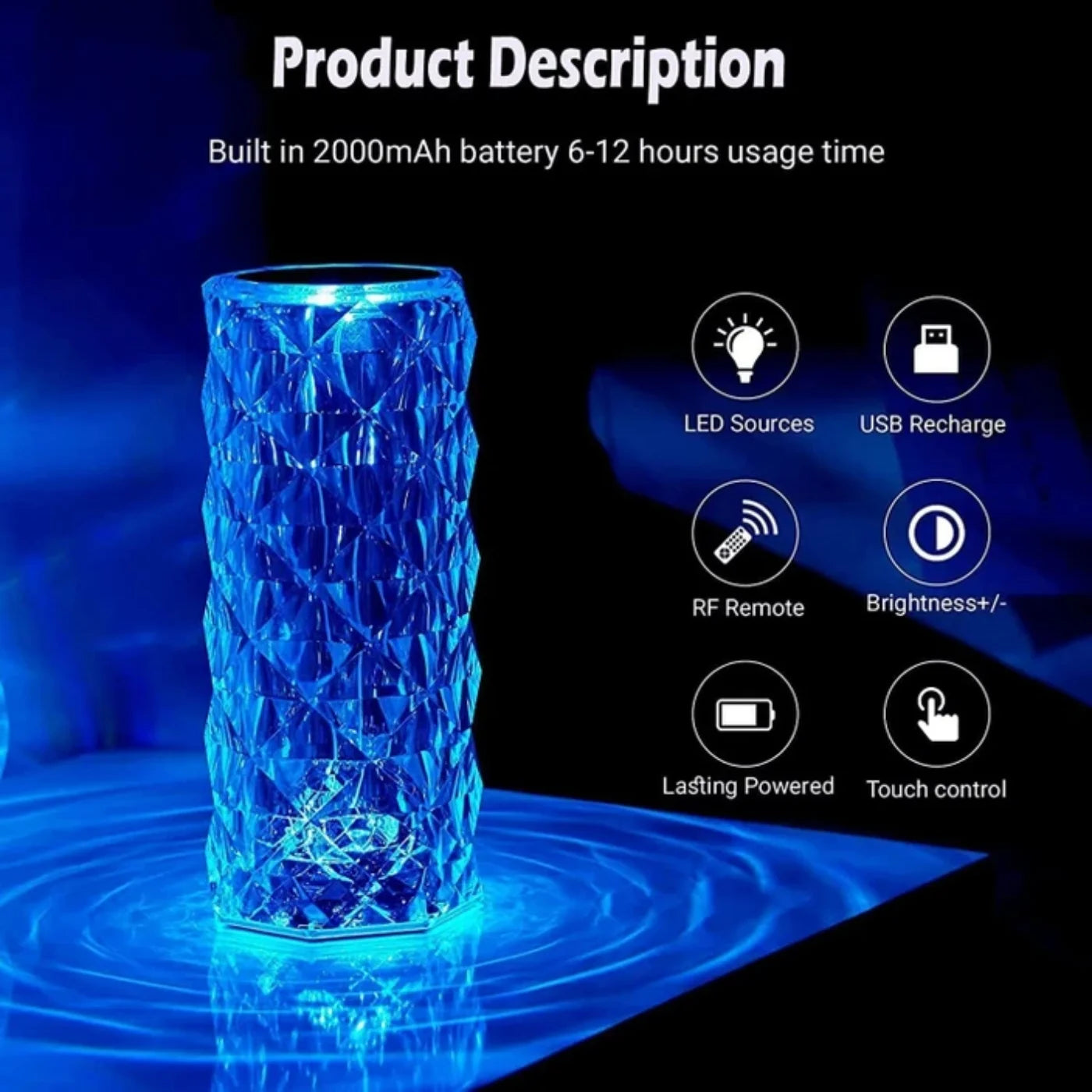 16 Colors Diamond Rose Crystal Touch Lamp | USB Rechargeable Bedside Lamp with Remote