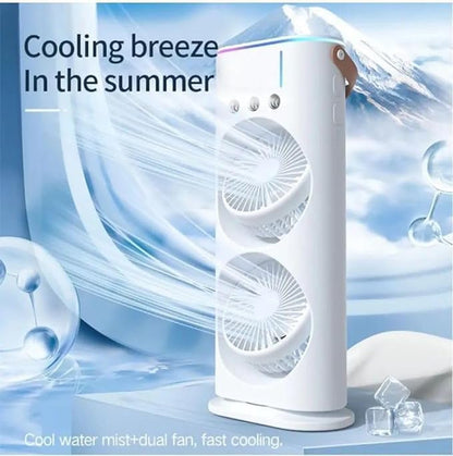 مروحة رذاذ صغيرة مزدوجة الرأس مع ضوء LED ومرطب | مبرد هواء محمول بمنفذ USB للمنزل والمكتب والسفر