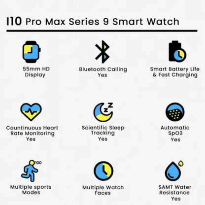 الساعة الذكية i10 Pro Max Series 9 | مكالمات بلوتوث، شاشة عالية الدقة 2.19 بوصة، متعقب اللياقة البدنية والصحة