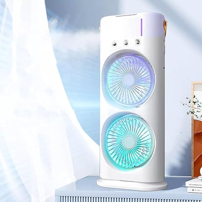 مروحة رذاذ صغيرة مزدوجة الرأس مع ضوء LED ومرطب | مبرد هواء محمول بمنفذ USB للمنزل والمكتب والسفر