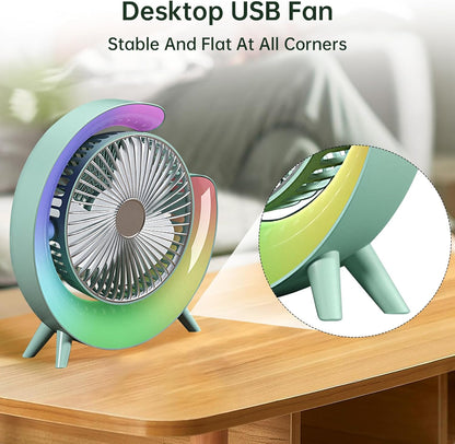 مروحة مكتب ملونة قابلة لإعادة الشحن بمنفذ USB | تبريد صامت، إضاءة LED محيطة، دوران بثلاث سرعات