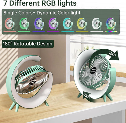 مروحة مكتب ملونة قابلة لإعادة الشحن بمنفذ USB | تبريد صامت، إضاءة LED محيطة، دوران بثلاث سرعات
