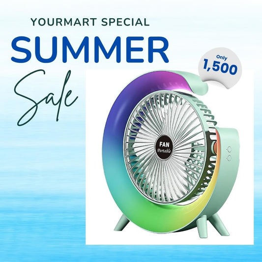 Colorful USB Rechargeable Desktop Fan | Silent Cooling, LED Ambient Light, 3-Speed Rotation