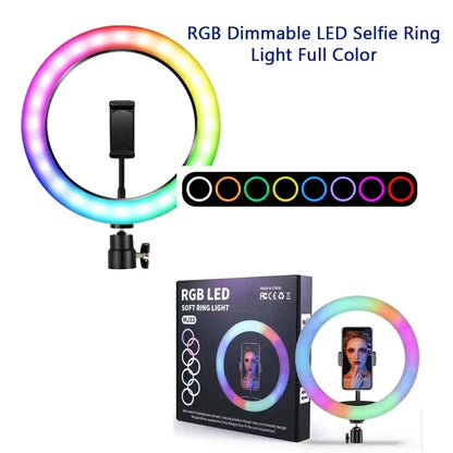 ضوء حلقي LED RGB MJ26 مقاس 26 سم مع حامل ثلاثي القوائم وحامل هاتف وأوضاع ألوان 360 درجة