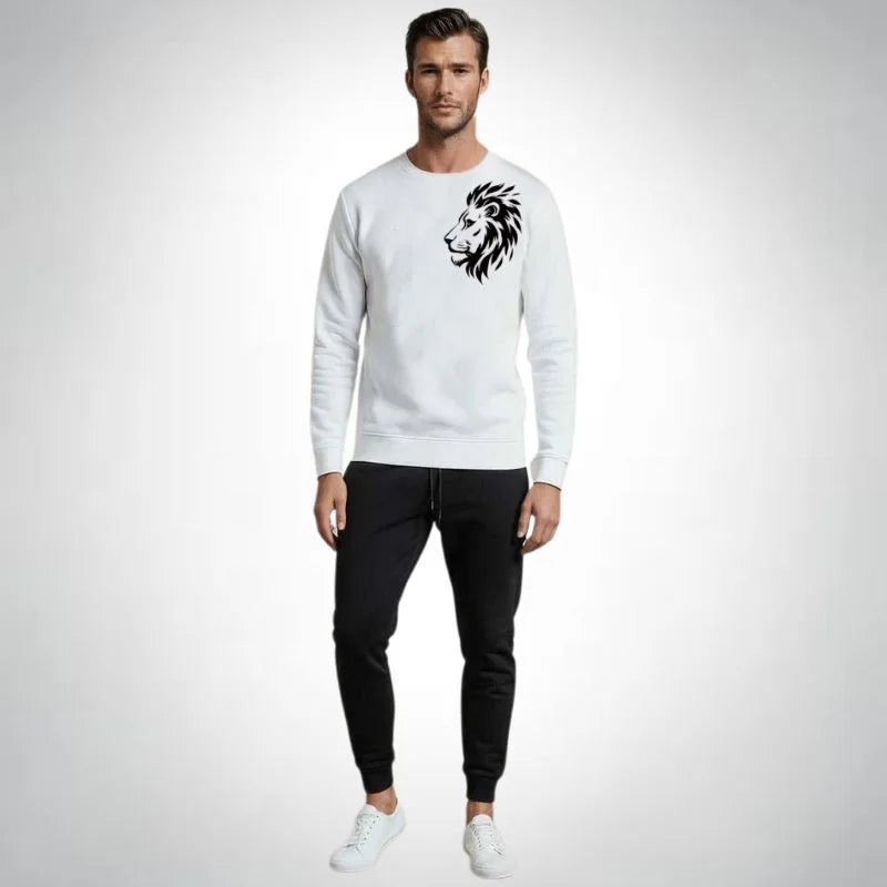 LION Printed White Tracksuit Sweatshirt & Trouser  | Warm & Comfortable Winter Wear | Large