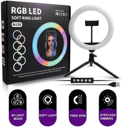ضوء حلقي LED RGB MJ26 مقاس 26 سم مع حامل ثلاثي القوائم وحامل هاتف وأوضاع ألوان 360 درجة