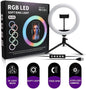 ضوء حلقي LED RGB MJ26 مقاس 26 سم مع حامل ثلاثي القوائم وحامل هاتف وأوضاع ألوان 360 درجة
