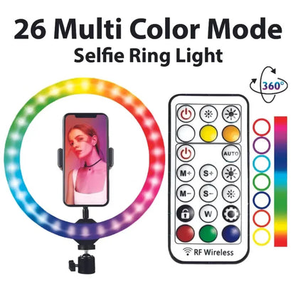 ضوء حلقي LED RGB MJ26 مقاس 26 سم مع حامل ثلاثي القوائم وحامل هاتف وأوضاع ألوان 360 درجة