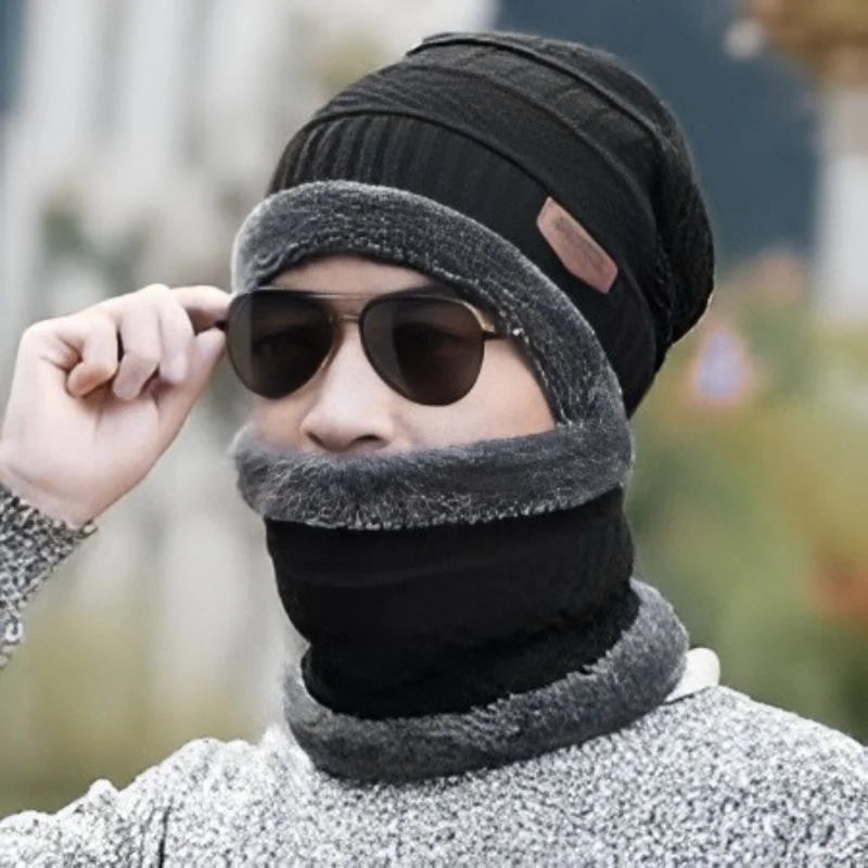 Winter Wool Cap with Neck Warmer Set | Thermal Beanie & Scarf Combo for Men and Women | Black And Gray