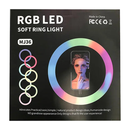 حلقة إضاءة LED MJ36 RGB مقاس 36 سم مع 16 لونًا، وتحكم في السطوع وحامل هاتف