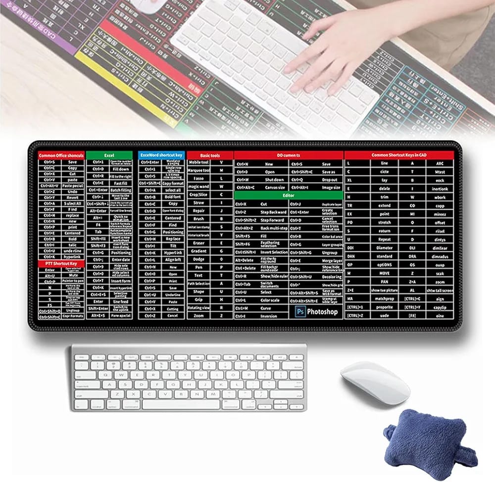 Large Excel Shortcut Keyboard Mouse Pad & Desk Mat 30×80cm | Extended Non-Slip Office Table Mat for Work Study Gaming