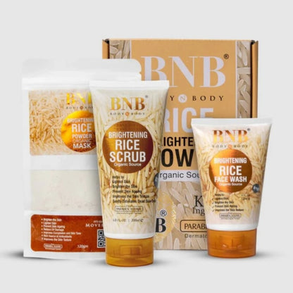 BNB طقم تفتيح وتوهج الوجه بخلاصة الأرز | 3 في 1 لتبييض وتفتيح وترطيب البشرة