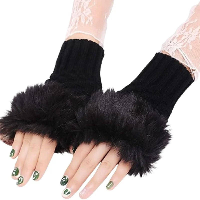 Women’s Faux Fur Fingerless Knitted Gloves  Warm Winter Hand Wrist Warmers  Soft, Stylish & Comfortable