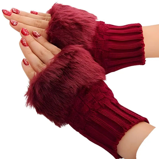 Women’s Faux Fur Fingerless Knitted Gloves  Warm Winter Hand Wrist Warmers  Soft, Stylish & Comfortable