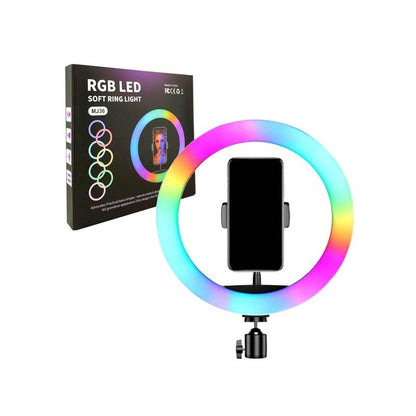حلقة إضاءة LED MJ36 RGB مقاس 36 سم مع 16 لونًا، وتحكم في السطوع وحامل هاتف